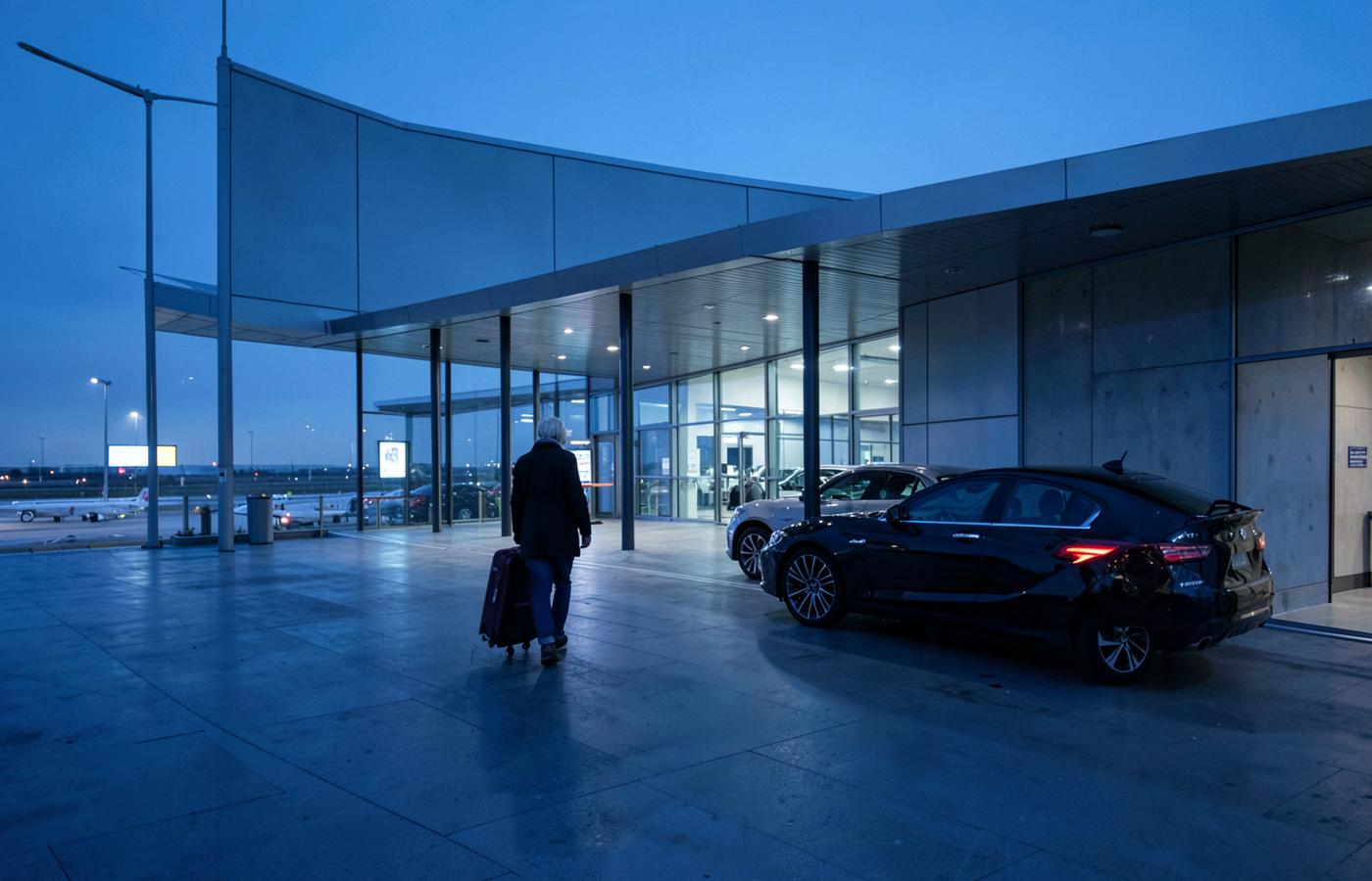 Taxi dropping off passengers at an airport terminal